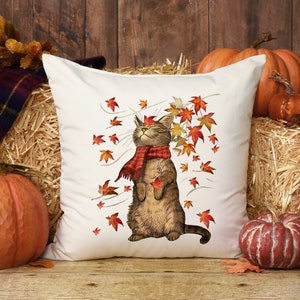 Fall Cat with Leaves Pillow, Cat Lover Pillow, Pumpkin Pillow, Autumn Decor Pillow, Fall Decor Pillow, Cat Lover, Fall Decor, Thanksgiving