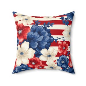 Patriotic Floral Pillow, Summer Home Decor, Memorial Day, Independence Day, Gifts for Her, Seasonal Accent, Floral Cushion, Pillow Cover