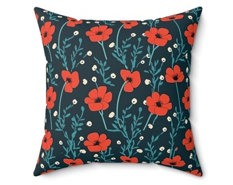 Botanical Throw Pillow, Poppy Flower Blue And Orange, Chintz Florals, Square Throw Pillow, Pillow Cover, Floral Home Decor, Accent Pillow