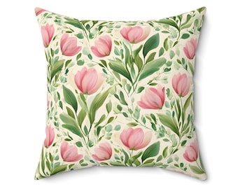 Pink Tulip Floral Throw Pillow Cottagecore Spring Botanical Decor