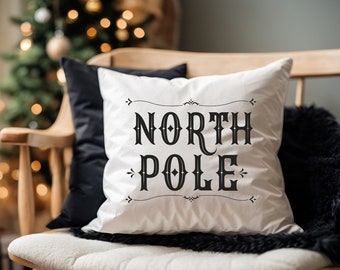 North Pole Christmas Throw Pillow Farmhouse Holiday Decor Rustic Winter Cushion