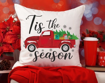 Christmas Tis the Season Red Truck Holiday Pillow, Country Pillow, Farmhouse Pillow Case, Christmas Tree, Holiday Decor, Winter Pillow