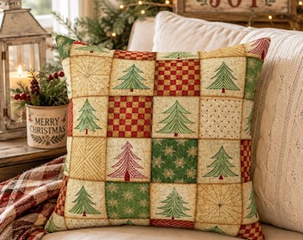 Primitive Christmas Tree Patchwork Throw Pillow Rustic Farmhouse Holiday Decor