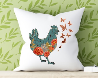 Farmhouse Chicken Throw Pillow Floral Hen Decor Rustic Cottage Gift