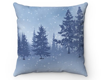 Winter Forest Throw Pillow Snowy Trees Blue Cozy Cabin Farmhouse Decor