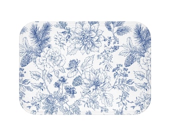 Blue White Floral Bath Mat Winter Botanical Pine Bathroom Decor Rug