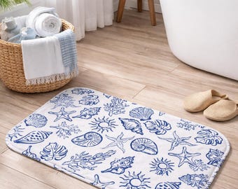 Coastal Seashell Bath Mat Blue White Beach House Bathroom Rug Nautical Decor