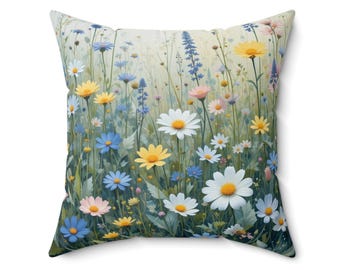 Wildflower Floral Throw Pillow Cottagecore Daisy Garden Decor