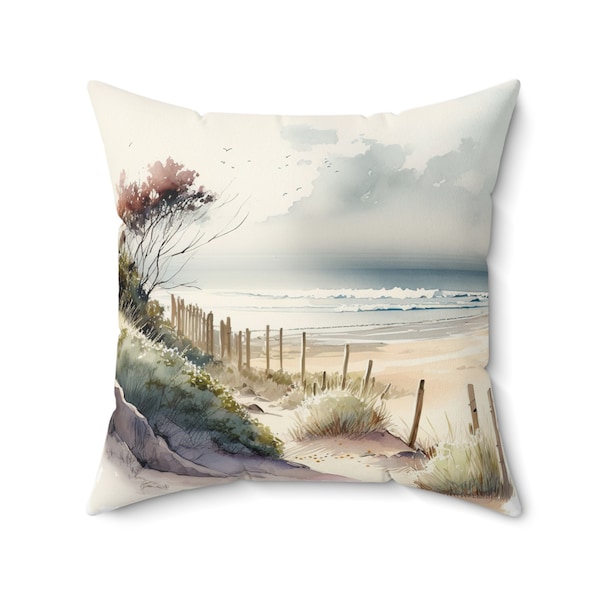 Beach Throw Pillow - Watercolor Beach Landscape Pillow Cover - Coastal Ocean Scene Square Throw Pillow - Beach House Pillow - Beach Decor