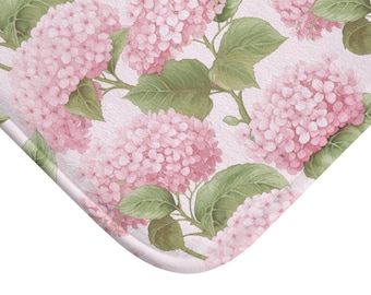 Pink Hydrangea Bath Mat Floral Cottagecore Bathroom Rug Soft Absorbent
