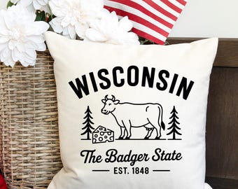 Funda de almohada con el estado de Wisconsin: Decoración rústica con vaca y queso