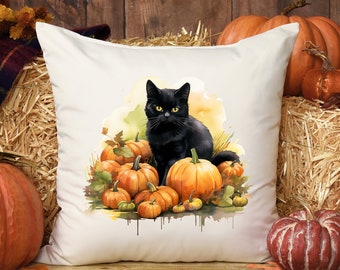 Black Cat Pumpkin Fall Throw Pillow Autumn Halloween Farmhouse Decor
