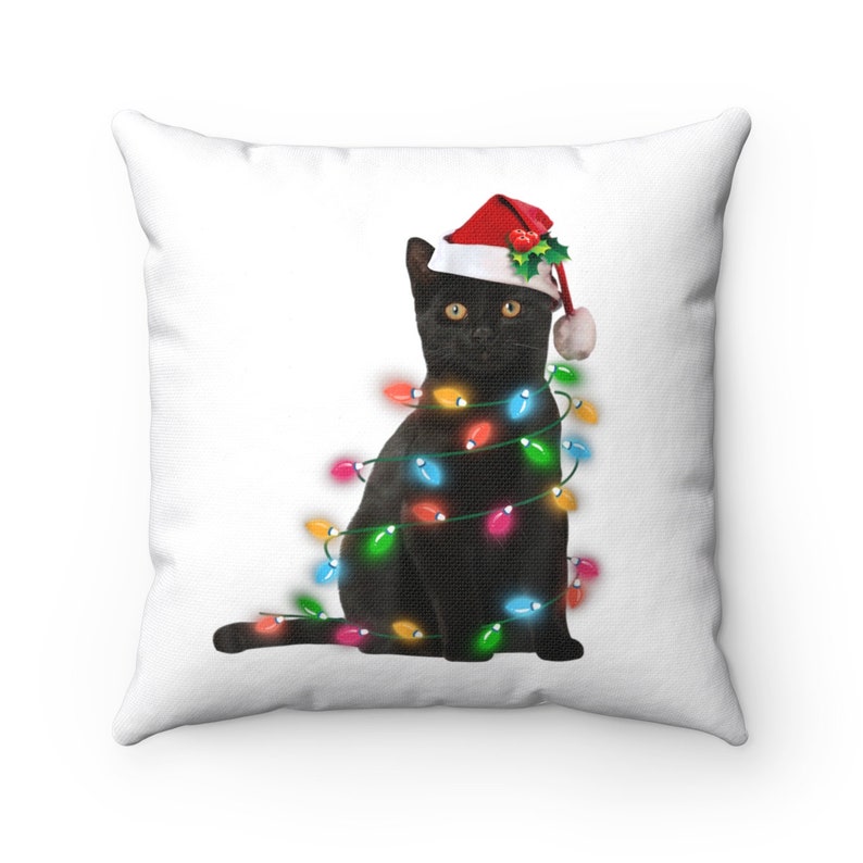 Christmas Winter Black Cat with Christmas Lights Pillow, Cat Lover Pillow, Holiday Pillow, Winter Decor Pillow, Holiday Decor, Cat Lover image 2
