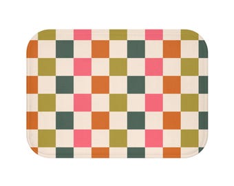 Boho Checkered Bath Mat Retro Geometric Bathroom Rug Pink Green Orange