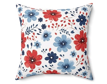 Patriotic Red White Blue Floral Pillow, Summer Floral Pillow Cover, Summer Home Decor, Patriotic Home Decor, Memorial Day 4th of July
