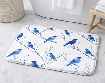 Blue Bird Bath Mat Watercolor Birds Floral Nature Bathroom Decor Non Slip Rug