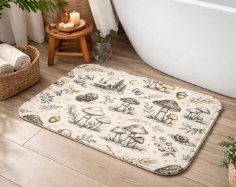 Woodland Mushroom Bath Mat Forest Cottagecore Nature Bathroom Rug Non Slip