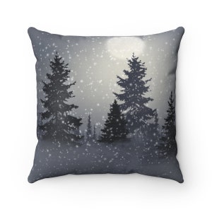 Winter Trees Pillow, Winter Landscape Pillow Cover, Christmas Winter Home Decor, Gift, Evergreen Trees Pillow, Winter Decor, Snowy Night