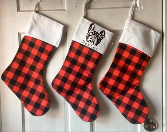 Personalized Christmas Stocking with your pets face on it, Customized Christmas Stocking, Red and Black Christmas Stocking