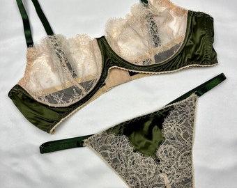 Ara Olive Green Silk Bra, Green Bra, Silk Bra, Satin Bra, See Through Bra, Green Lingerie