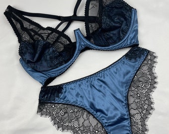 Siren Ocean Blue Seiden-BH, Blauer BH, Blauer Seiden-BH, Durchsichtiger BH, Blaue Dessous