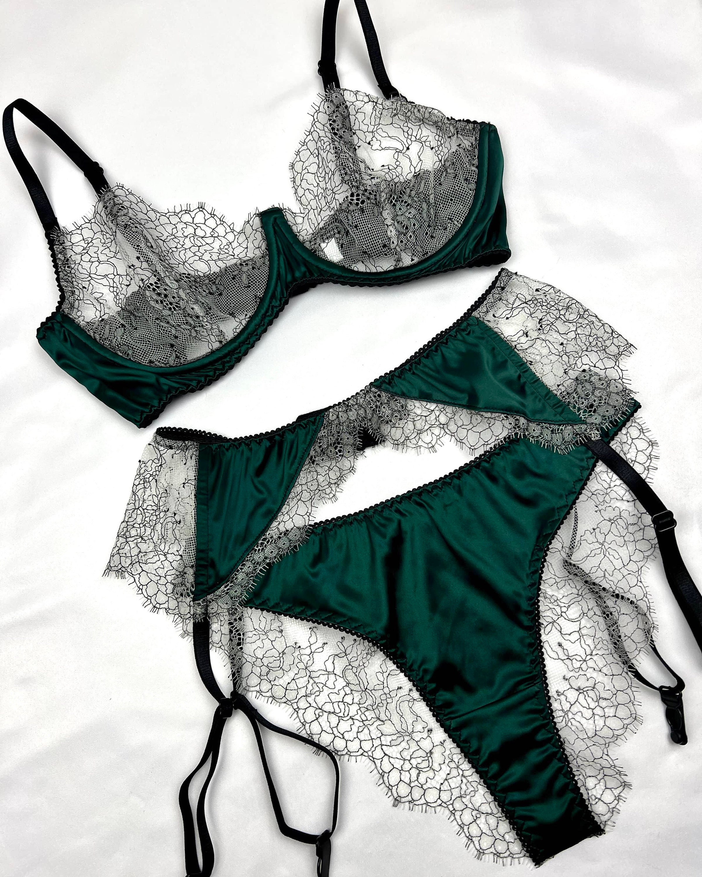 Celeste Emerald Green Silk Bra, Green Bra, See Through Bra, Green Lingerie  -  Canada