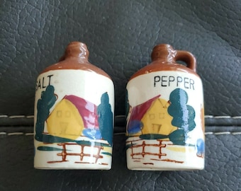 Vintage Ceramic Salt Pepper Shakers Moonshine Jug Chicken house Country Japanese