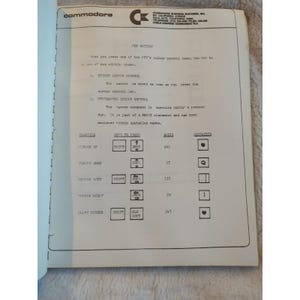 Pu&ograve; includere: Una pagina di un manuale vintage di Commodore PET Edition. Il testo e i diagrammi spiegano le funzioni di controllo del cursore. Il logo Commodore &egrave; in alto, insieme all'indirizzo dell'azienda. La carta ha un aspetto ingiallito e invecchiato.