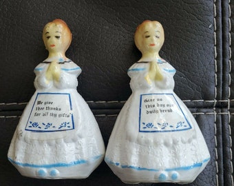 Vintage Enesco White Prayer Girl Mother In The Kitchen Salt & Pepper Shakers