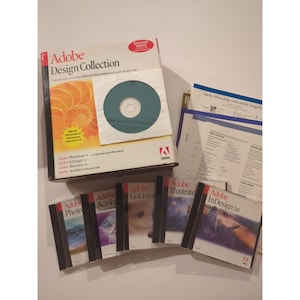 May include: A collection of Adobe software, including Adobe Design Collection, Adobe Photoshop, InDesign 2.0, and others. The box set includes a CD-ROM and several software manuals. The packaging is primarily white with red and black text.