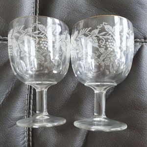Bartlett Collins 6,25&quot; Goblets Clear Gold Trim White Raisin & Leaf Decal ENSEMBLE DE 2