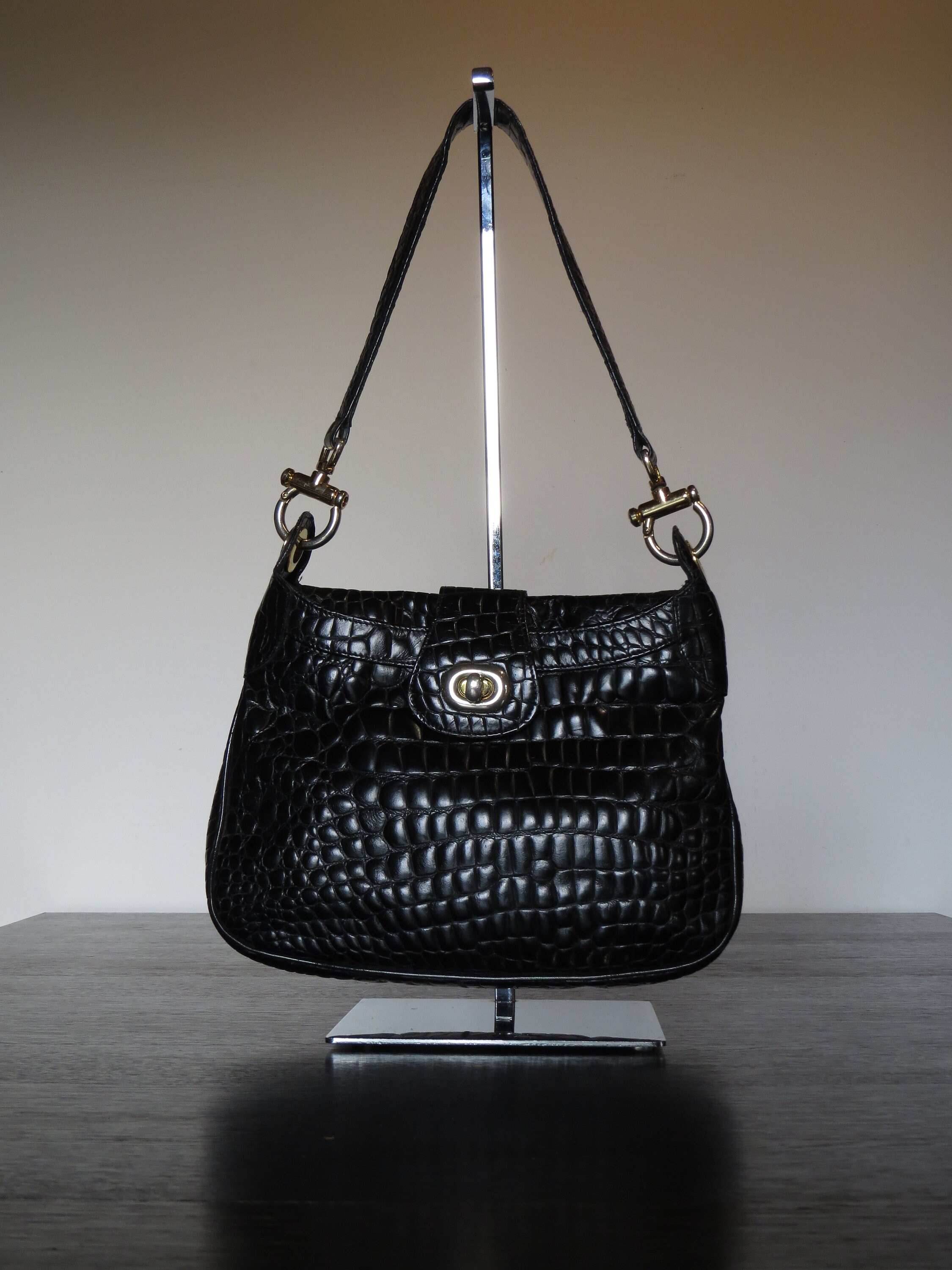 Sac à Main Vintage MORABITO Paris - Cuir Crocodile Noir - Bandoulière - Pochette Incluse - Occasion TB