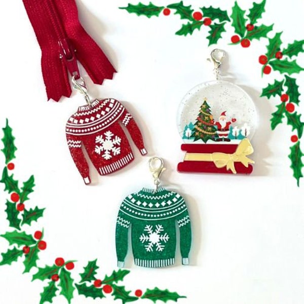 Christmas Sweater, Snow Globe Zipper Charms | Zipper Pull | Sewing Notion | Bag Charm | Keychain | Christmas Charm | Sweater | Snow Globe
