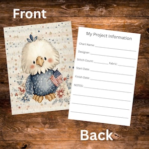 May include: A decorative card featuring a cartoon bald eagle holding a small American flag, surrounded by floral elements. The card has the word "Front" at the top and "Back" at the bottom. A separate sheet provides space for project information.