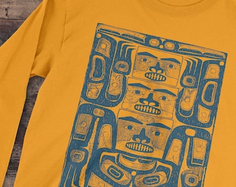 Camisa de manga larga con oso ceremonial Haida. Camiseta de manga larga Tlingit nativo americano