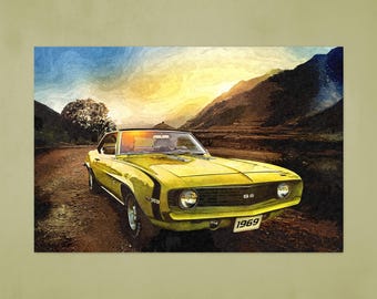 1969 Chevy Camaro Canvas Automotive classic muscle car Garage digital oil painting horizontal cotton fabric gallery wrap wall art home decor