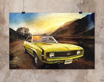 1969 Chevy Camaro poster museum grade giclée print matte paper classic muscle car wall art automotive digital oil painting garage home decor