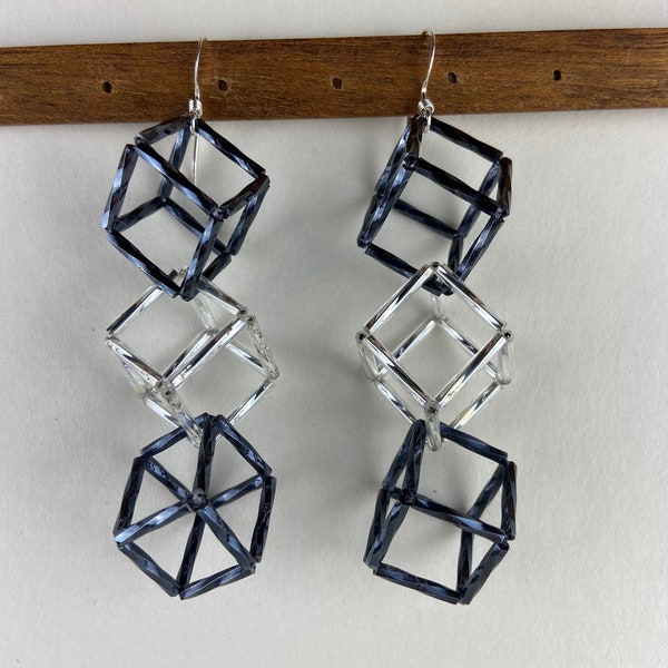 Cube Shape Earrings,Glass Beads, Sculptural, Lightweight, Futuristic, Articulated, Avant Garde