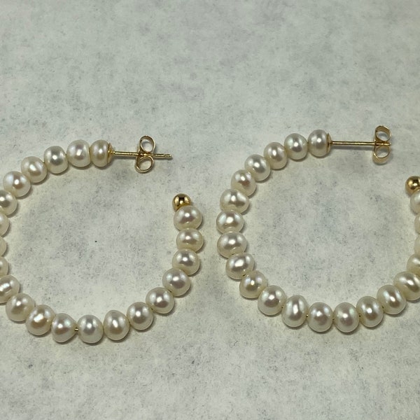 14kt Solid Gold Freshwater Pearl Hoop Earrings, 1 1/4" Diameter, 14kt Posts and Backs