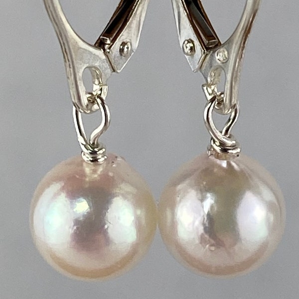 7mm White Baroque Japanese Akoya Pearl Dangle Earrings, Sterling Silver Lever Backs, Enlarged Photos