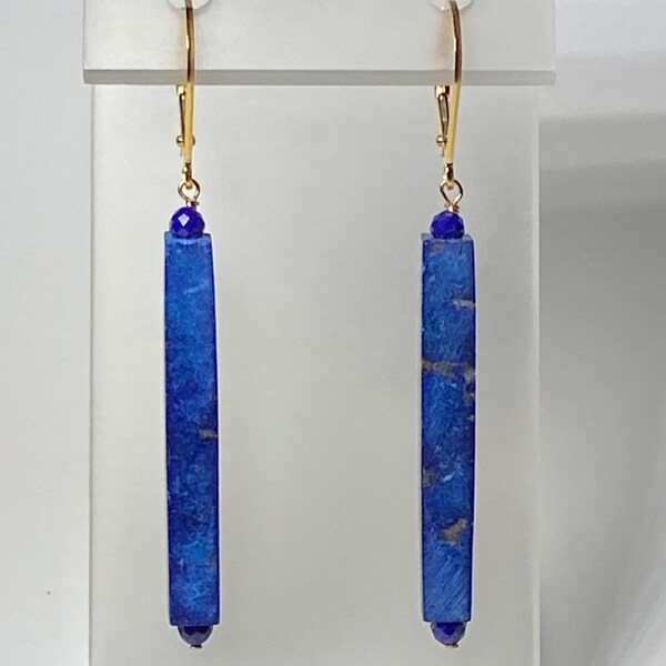 Azurite Lapis Stick Earrings: Gold-Filled Lever Backs