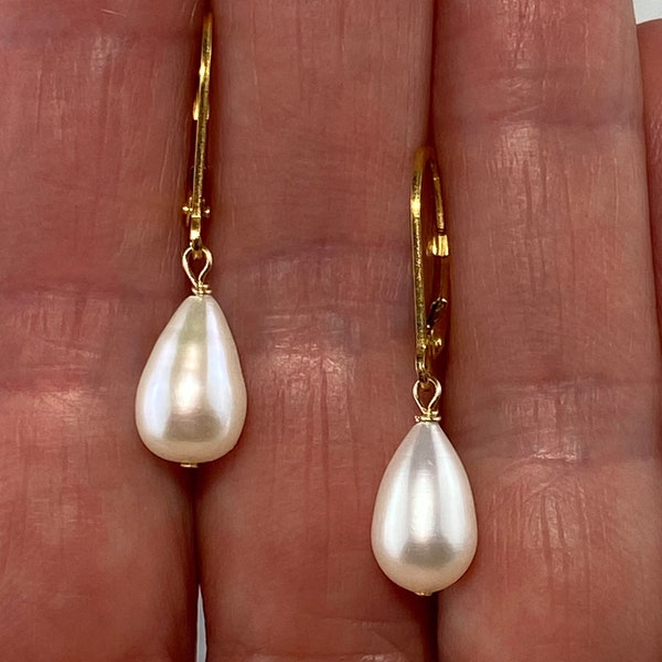 6.5-7mm Freshwater Teardrop Pearl Earrings,  White/Ivory Color, Gold-filled, Lever Back, Some Enlarged Photos