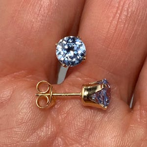 6mm Round Lab Grown Aquamarine Earrings, Gold-filled Four Prong Posts, Stud Earrings, Enlarged Photos