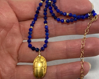 Scarab Necklace With Faceted Lapis, 16-18" Adjustable Length, Gold-filled Spring Ring Clasp and Chain, Some Enlarged Photos,