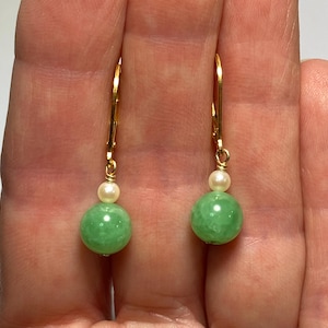 Akoya Pearl and Nephrite Jade Earrings: Gold-Filled Lever Backs