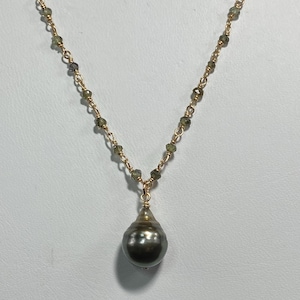 Tahitian Pearl Necklace: Gold-filled Chain, Green Garnets, (15.5-18&quot;), Obvious Blemishes