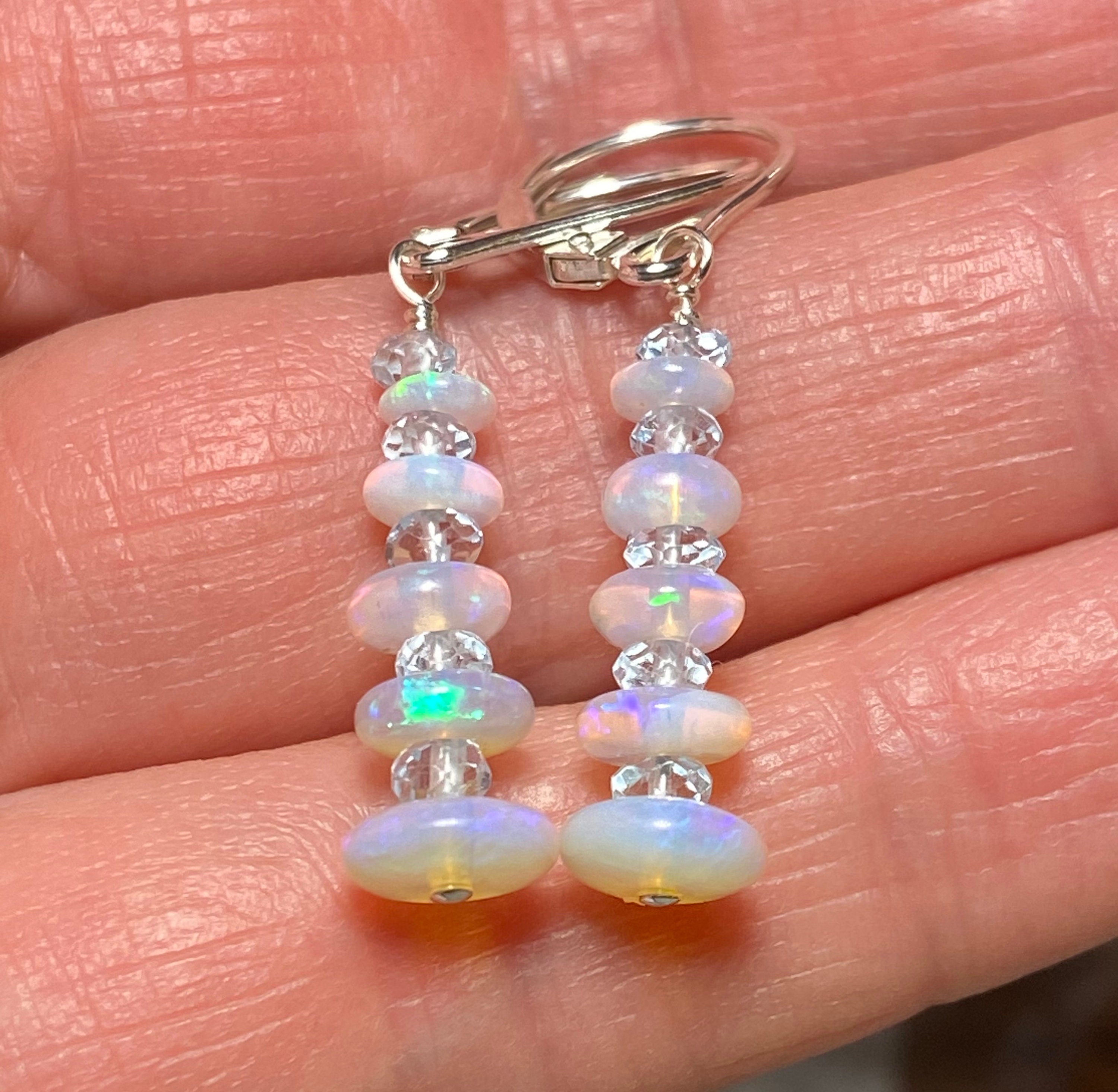 White Opal Dangle Earrings With Blue Topaz and Sterling Silver Etsy