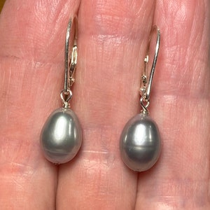 8mm High Luster Oval Gray Freshwater Pearl Earrings,  Sterling Silver Lever Backs, Some Obvious Lines and Blemishes