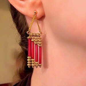 Vintage Reutilizado Africano Cuentas Colgantes Tubular Cilíndrico Oblongo Rojo Eisenglas Textura Lámina de Oro Cuentas Patrón Geométrico