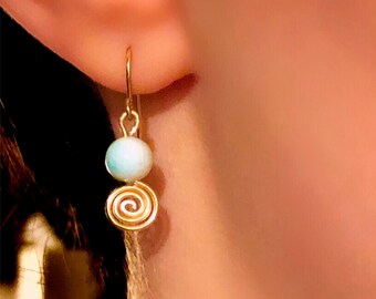 Petite Lapis Lazuli, Hemimorphite, Faux-Amber Gold Spiral Earrings (in dark/light blue and glass amber)